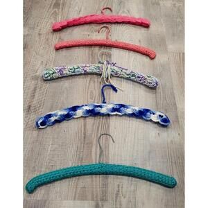 Vintage Crocheted Wooden Hangers, Hand-made Set Of 5